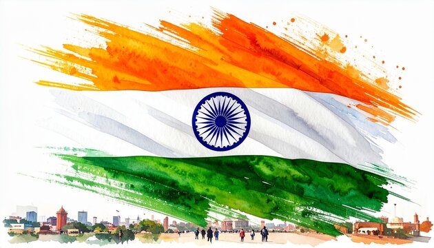 Watercolor Indian flag with skyline symbolizing cultural pride