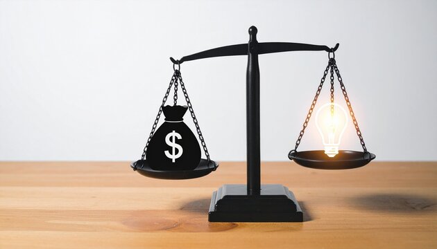 Balance scale comparing money value versus creative ideas