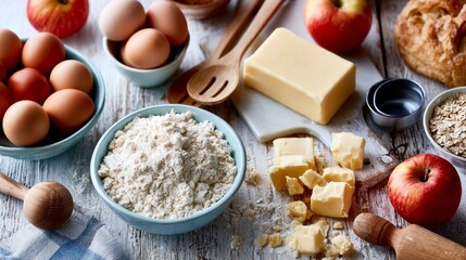 Fototapeta premium Overhead View of Baking Ingredients: Flour, Eggs, Butter, and Fresh Apples