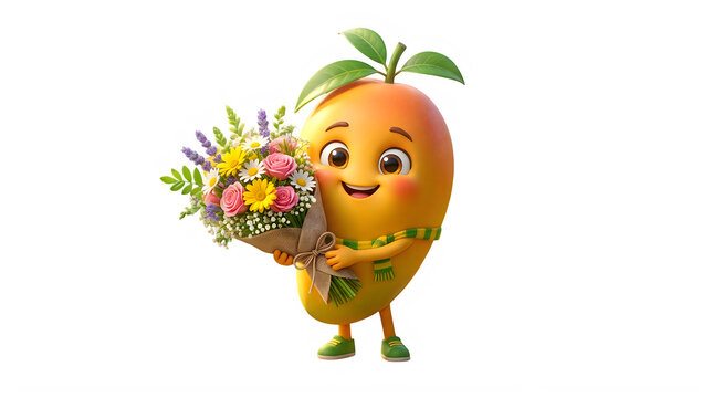 Cute cartoon mango character holding a colorful spring flower bouquet