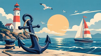Obraz premium Coastal seascape with a large anchor on a pier, lighthouse on rocky shore, sailboat, seagulls and sun setting over calm ocean waters
