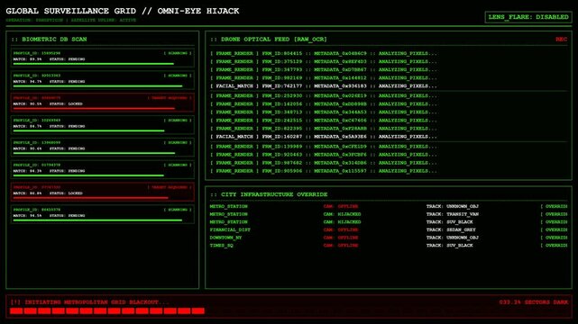 Global Surveillance Grid Biometric Scan Facial Recognition Animation City Override Loop Background.