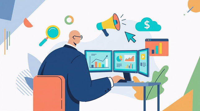 SEO expert analyzing website traffic and online business revenue,Financial analyst reviewing data charts on multi monitor setup,Digital marketer working with SEO and financial analytics dashboards,