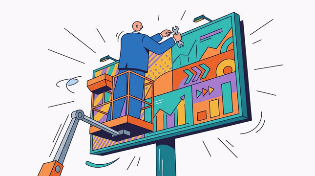 Flat illustration of worker setting up marketing data billboard,Businessman fixing data charts on large outdoor advertising billboard,Man installing business analytics billboard on a cherry picker,