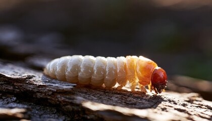 Obraz premium Grub worm crawling on tree bark in sunlight close up macro view of insect larva