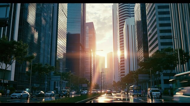 Modern Cityscape at Sunrise: Sunburst Over Busy Street with Skyscrapers and Traffic