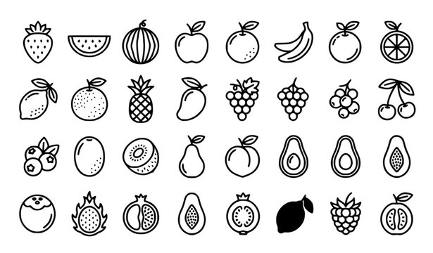 Healthy nutrition fruit outline icon collection with strawberry and watermelon vector