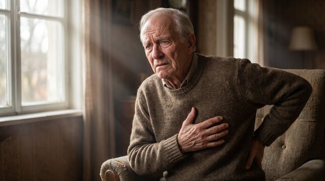 Elderly man experiencing chest pain and heart attack symptoms at home