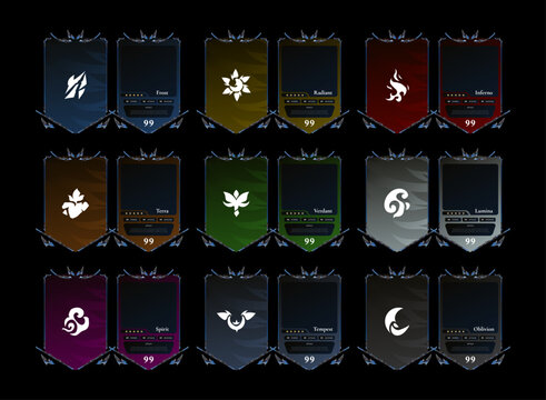 Fantasy blue modern medieval card frame collection with front and back templates featuring elemental classes for RPG, TCG, CCG, collectible, deckbuilding, and gacha game UI assets.