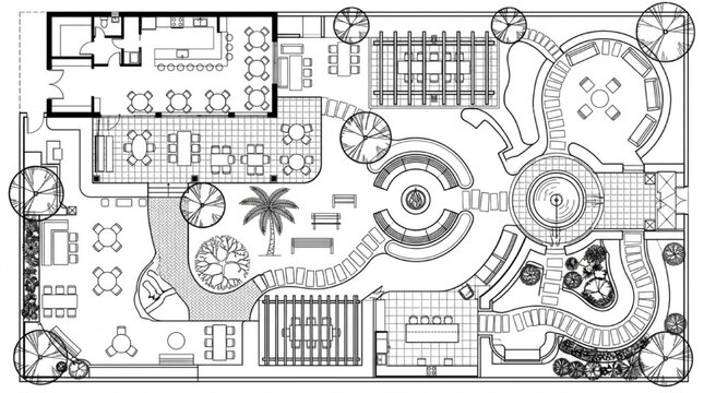 Architectural Cafe Landscape Master Plan CAD Top View Vector Layout Collection