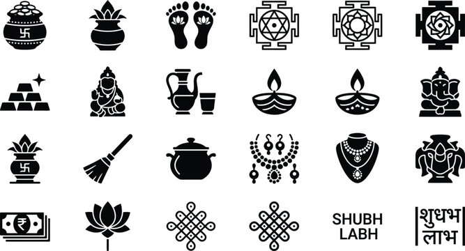 Collection of black and white hindu religious icons and symbols for diwali and traditional indian festival design