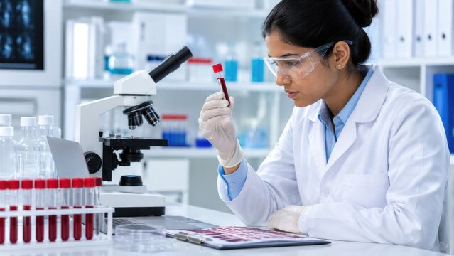 Female scientist in lab coat and goggles examining a blood sample tube near a microscope and tablet