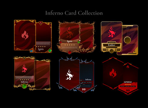 Inferno fantasy trading card collection featuring fiery front and back templates with modern, medieval, ancient, futuristic, and golden frame styles for RPG, TCG, CCG, collectible, and gacha game UI.