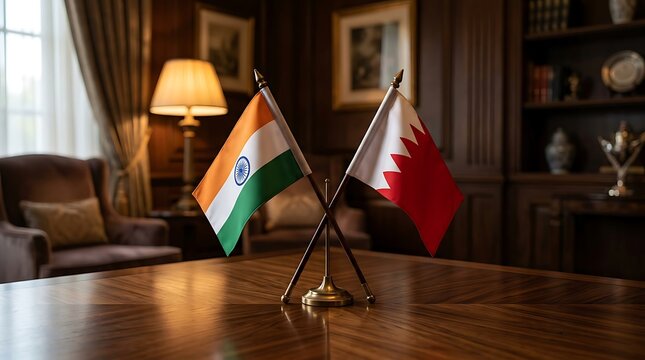 India and Bahrain small desk flags on wooden table in luxury office for diplomatic relations