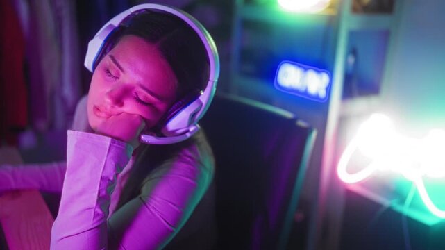 Woman with headset resting chin on hand, eyes closed, leaning on desk near keyboard and neon sign at gaming studio; tired boredom.