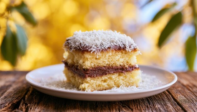 Delicious lamington cake slice with chocolate and coconut flakes on a ceramic plate