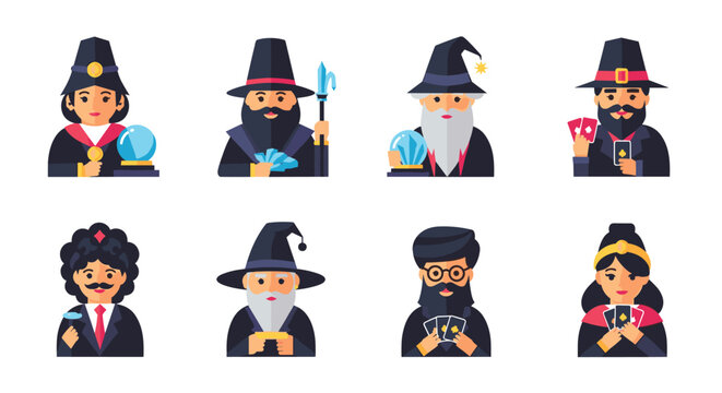 Diverse collection of eight magician and fortune teller characters including wizards with crystal balls and psychics with cards.