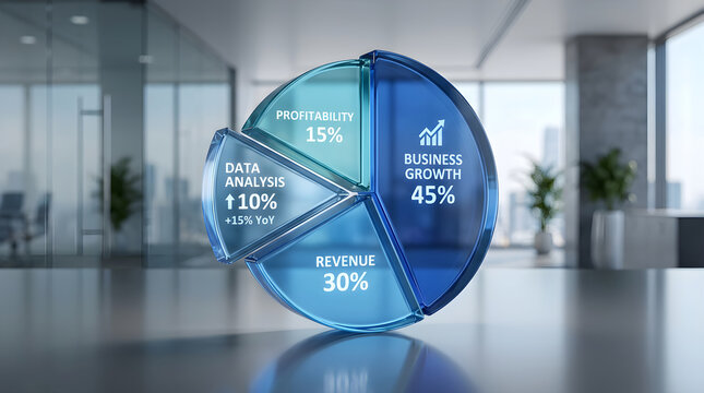 Corporate business pie chart showing data analysis, profitability, revenue, and business growth metrics in a modern office setting
