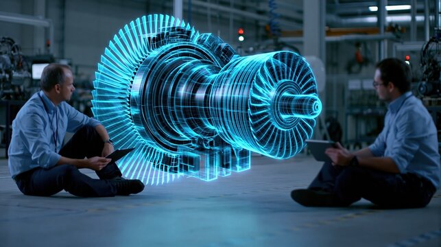 Engineers collaborating on futuristic holographic projection of industrial turbine engine in modern factory setting
