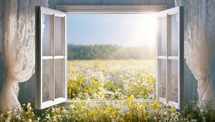 Obraz premium Open wooden window overlooking a sunny meadow full of blooming wildflowers