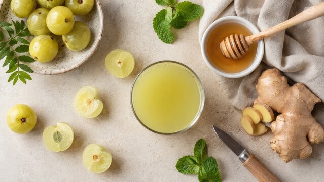 Overhead flat-lay of amla juice with halved Indian gooseberries, ginger, honey and mint on a neutral background