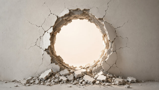 Circular hole smashed through cracked plaster wall with debris and rubble scattered on floor below, revealing hollow interior