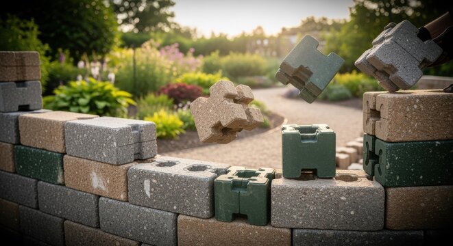 Fastmotion clip of modular snapfit blocks being stacked to form a retaining wall highlighting adaptability in landscape architecture.