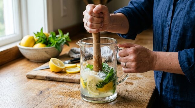 A person using a wooden muddler to crush fresh mint leaves and lemon slices in a glass pitcher