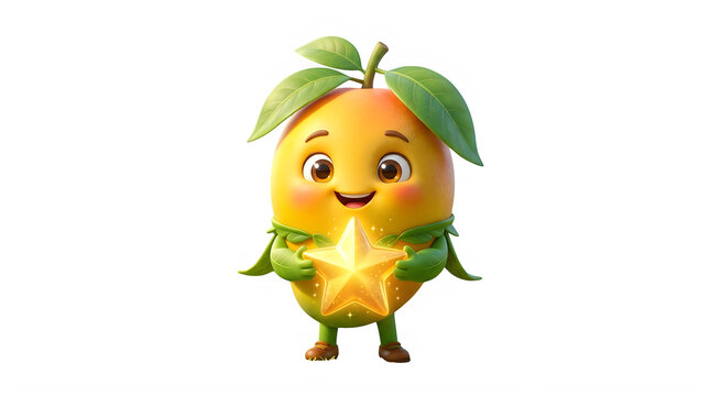 Cute cartoon mango character holding a shining yellow star