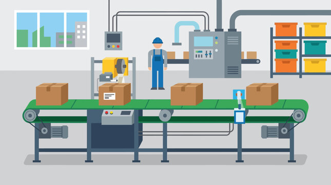 Factory worker monitors the automated conveyor belt system that processes packaged goods inside a modern manufacturing production facility.