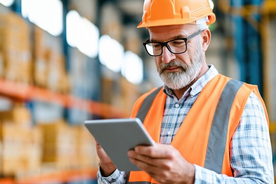 Experienced Industrial Worker in Hard Hat and Safety Vest Uses Tablet in Warehouse Logistics