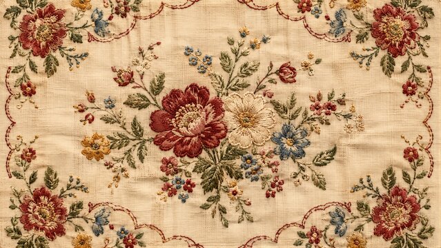 A piece of fabric shows detailed floral embroidery. Different flowers are stitched in red, yellow, and blue on a light background. The design features various patterns around the edges.