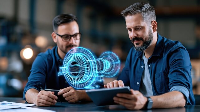 Two engineers collaborating on a digital blueprint of a complex mechanical turbine using augmented reality technology.