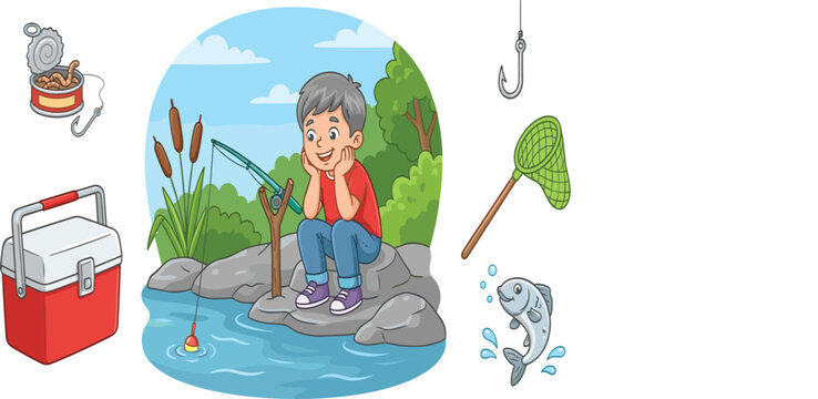 Cute cartoon boy waiting for fish on riverbank with fishing rod, cooler box, and angling equipment set, flat vector illustration isolated on white background.