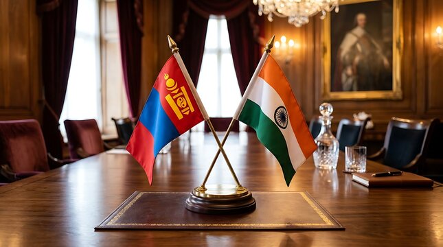 National Flags of Mongolia and India on Wooden Table Representing Diplomatic Bilateral Relations