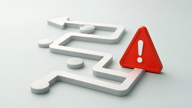 Zigzag white arrow path blocked by a red warning triangle representing a business strategy obstacle or danger.