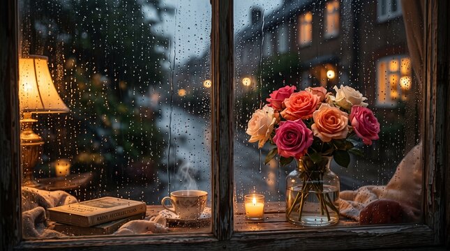 Rainy Window With Vase Of Roses, Lit Candle, Open Book And Cozy Lamp Creating Warm Peaceful Indoor Evening Atmosphere
