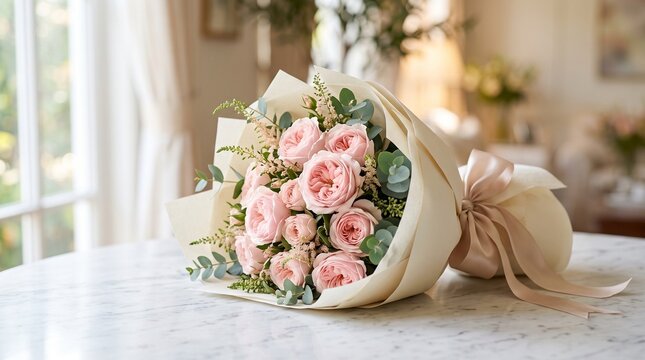 Delicate Pink Rose Bouquet Wrapped In Cream Paper With Ribbon On Marble Surface Creating Elegant Floral Arrangement

