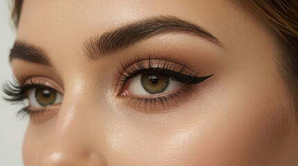 Naklejka premium Glamorous green eye makeup with winged eyeliner and long lashes, soft skin glow, close up