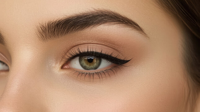 Glamorous eye makeup close up, green eye, natural skin, brow grooming