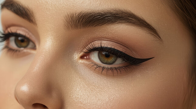 Close up glamorous eye makeup with sharp black winged eyeliner and neutral eyeshadow