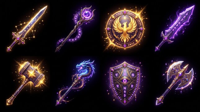 game asset stock photo showing an organized collection of eight fantasy mythical weapon icons. Features miniature legendary swords, staves, and shields forged from star-metal, glowing