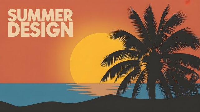 Retro style illustration of a tropical beach sunset perfect for a relaxing summer bank holiday vacation background