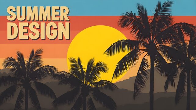 Retro summer bank holiday background featuring palm trees and a vibrant sunset for seasonal travel and holiday promotions