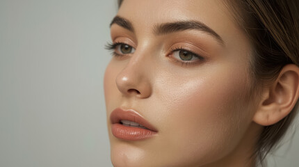 Fototapeta premium Soft natural makeup, glowing skin, close up, minimalist beauty portrait