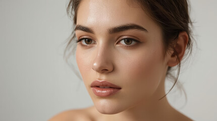 Fototapeta premium Soft natural beauty portrait with dewy skin and neutral makeup