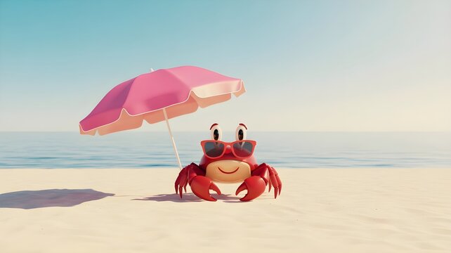 A cute red crab wearing sunglasses relaxing under a pink beach umbrella during a sunny summer bank holiday