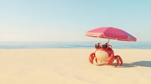 A cute red crab relaxing under a pink beach umbrella on the sand during a sunny summer bank holiday