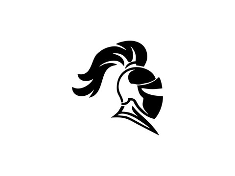 Minimalist black silhouette of a medieval knight helmet with a flowing plume.