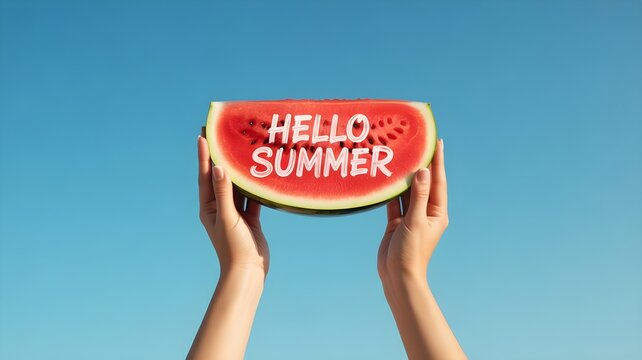Person holding a slice of watermelon with hello summer text for a fun summer bank holiday celebration